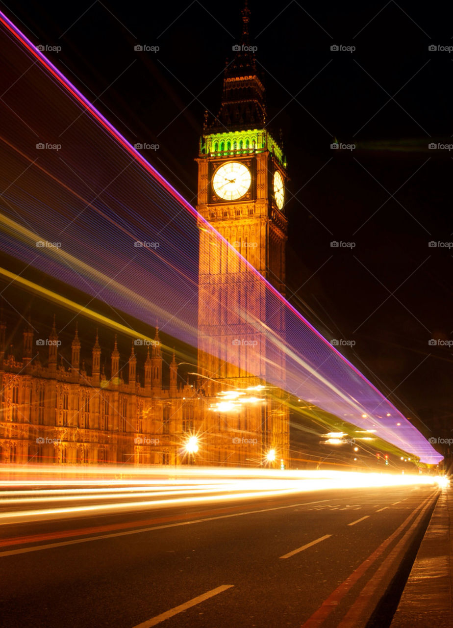 London Big Ben as the phot was taken a party bus went by creating this