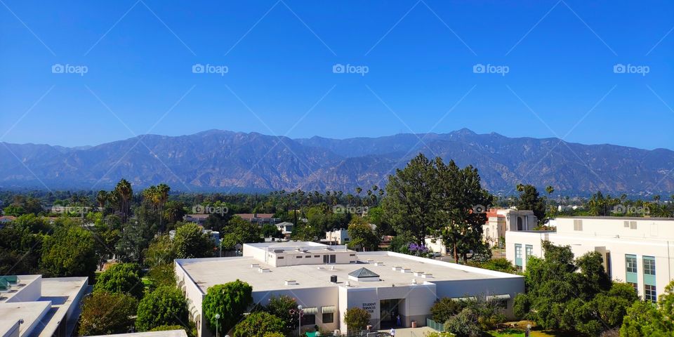 Campus sightseeing from high, background is San Gabriel Mountain