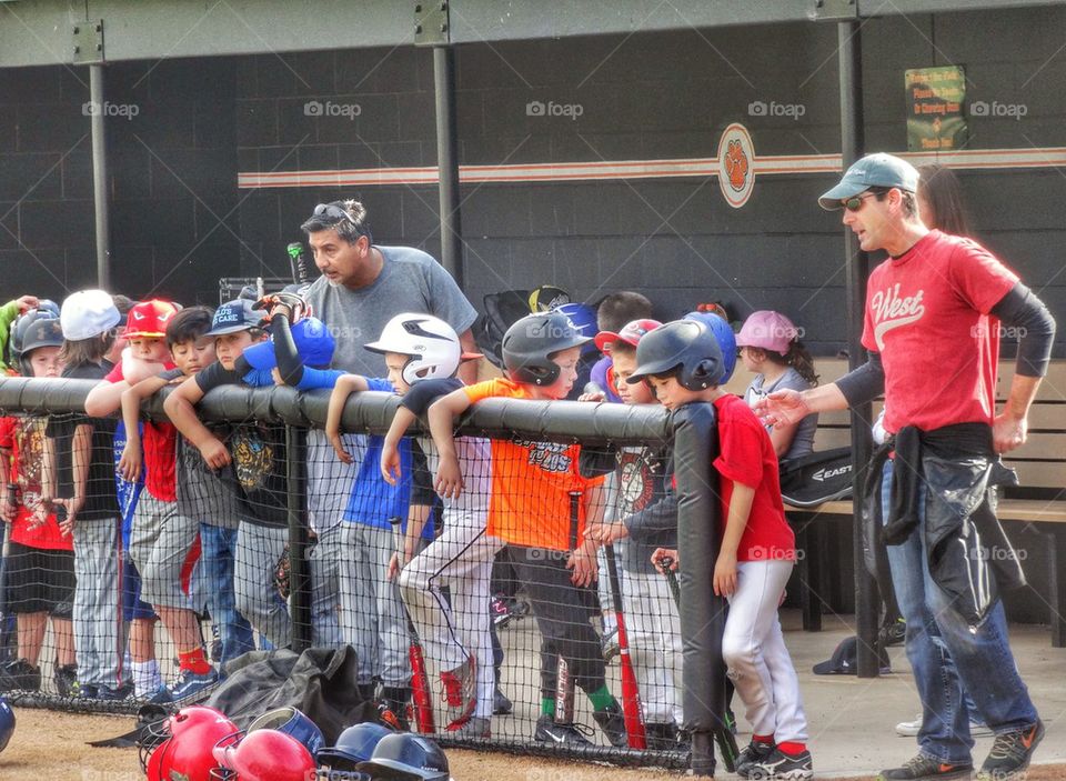 Young Little League Players Awaiting A Turn At Bat. Young Baseball Players
