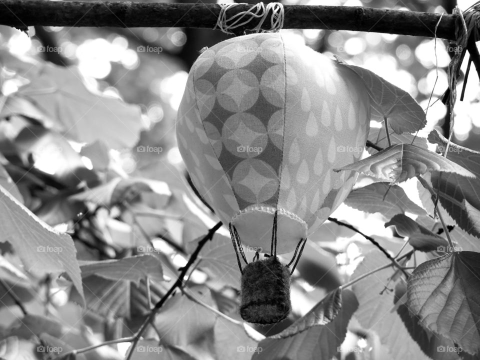 Black and white close-up of tiny hot air balloon hanging on branch against leaves in Berlin, Germany.