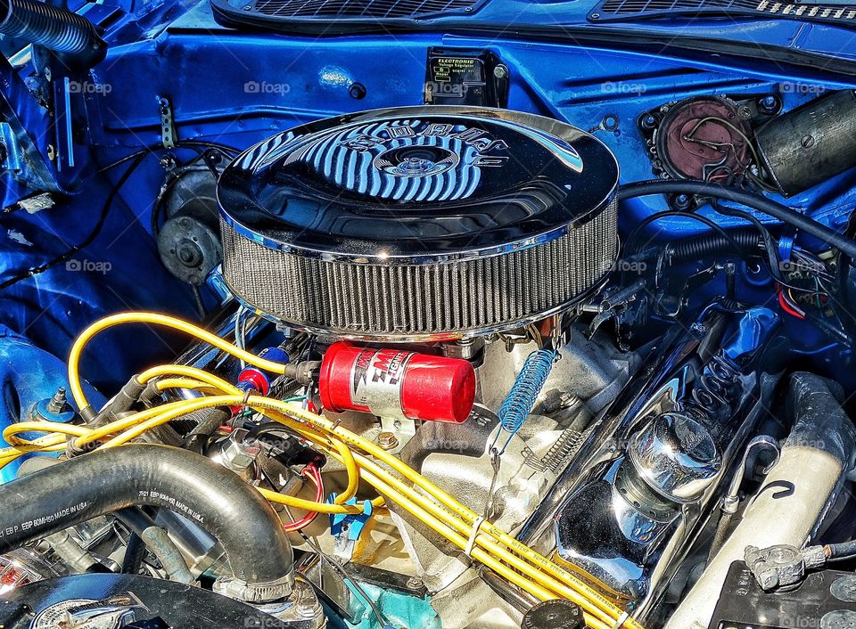 Muscle Car Engine. Detail Of Chrome And Steel Of American Hot Rod Internal Combustion Engine
