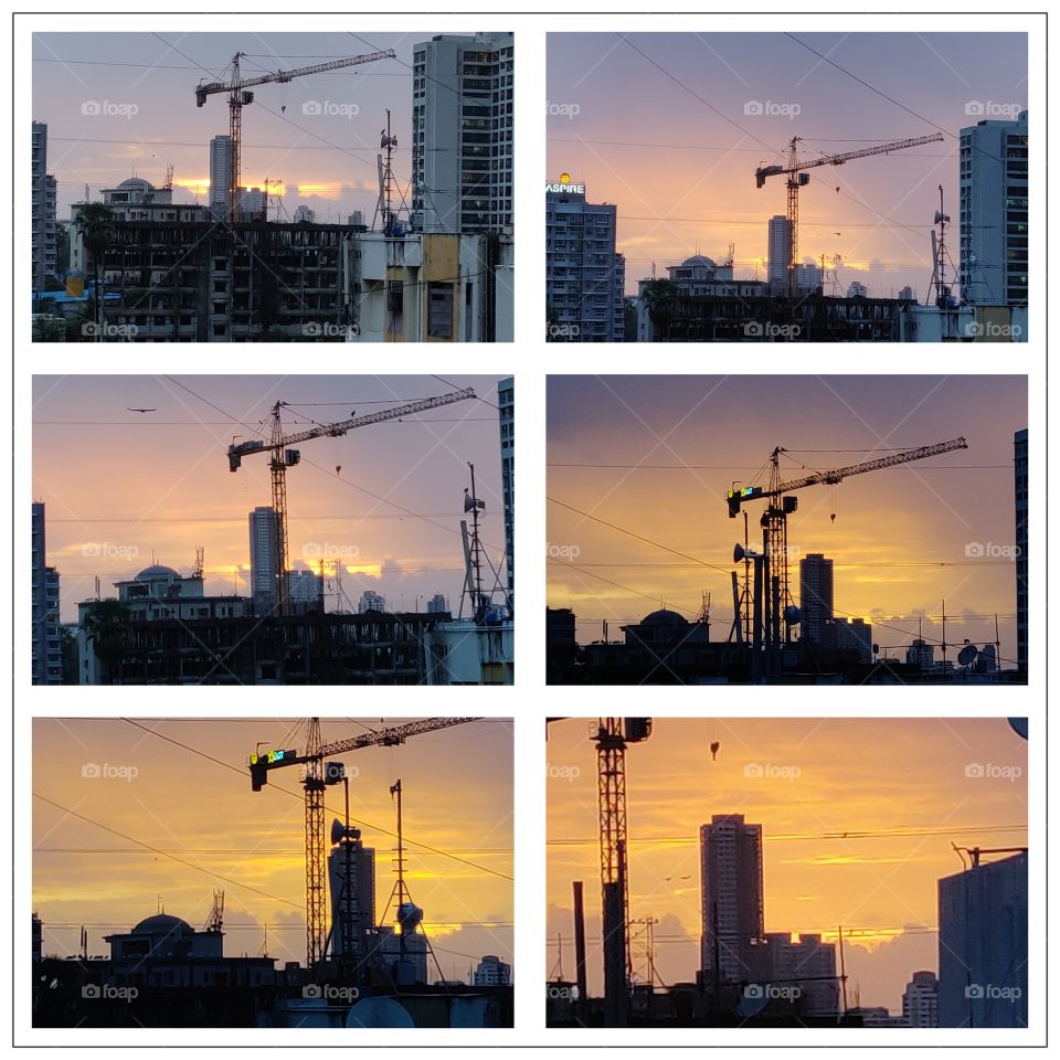 This is a collage of photos, trying to show different shades of Sunset, it was a cloudy, rainy day in Mumbai, India and then this beautiful evening, Golden  skyline!!