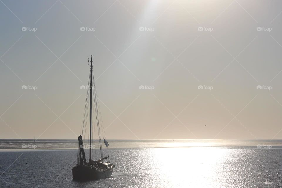 Fishing ship on the Waddensea.
This fishing ship sails from The Northsea to the Waddensea between, left, Schiekmonnikoog and, right, the mainlands of The Netherlands. To reach his harbor before sunset.