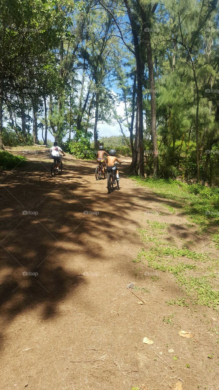 three people on trail bikes riding on dirt trail road