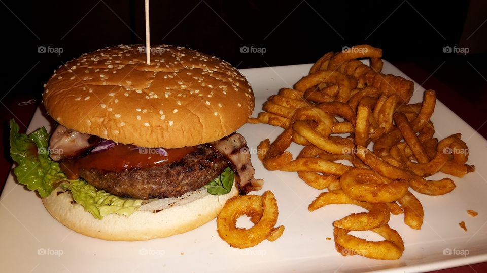 Burger and curly fries