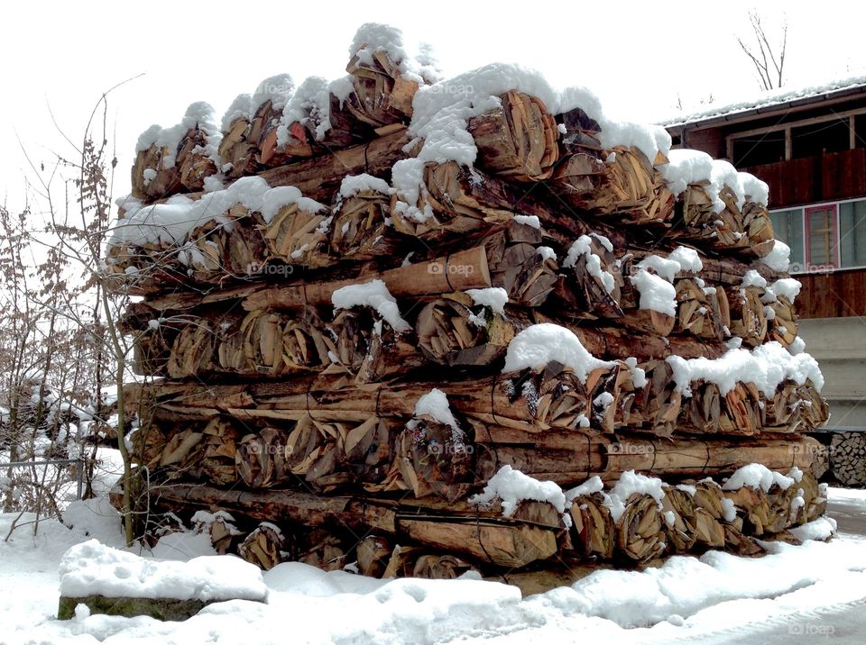 Stacked wood covered by snow 