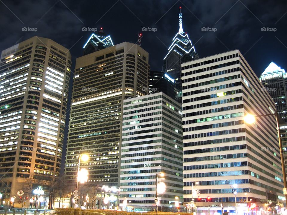 Philadelphia, PA - Downtown night skyscrapers