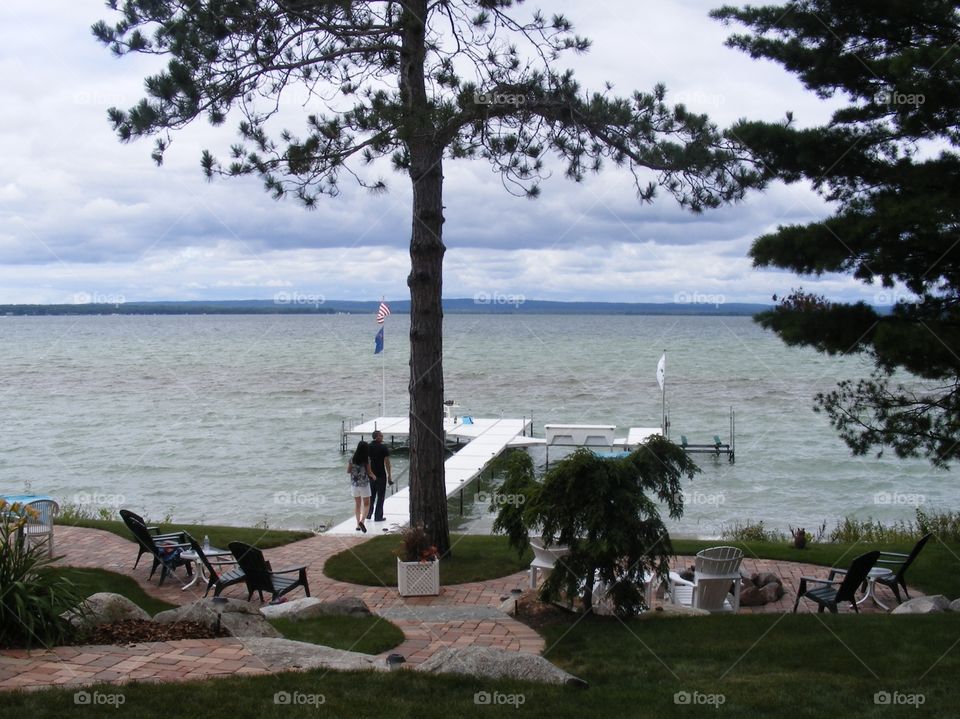 View of Lake Michigan, landscaping and pier.