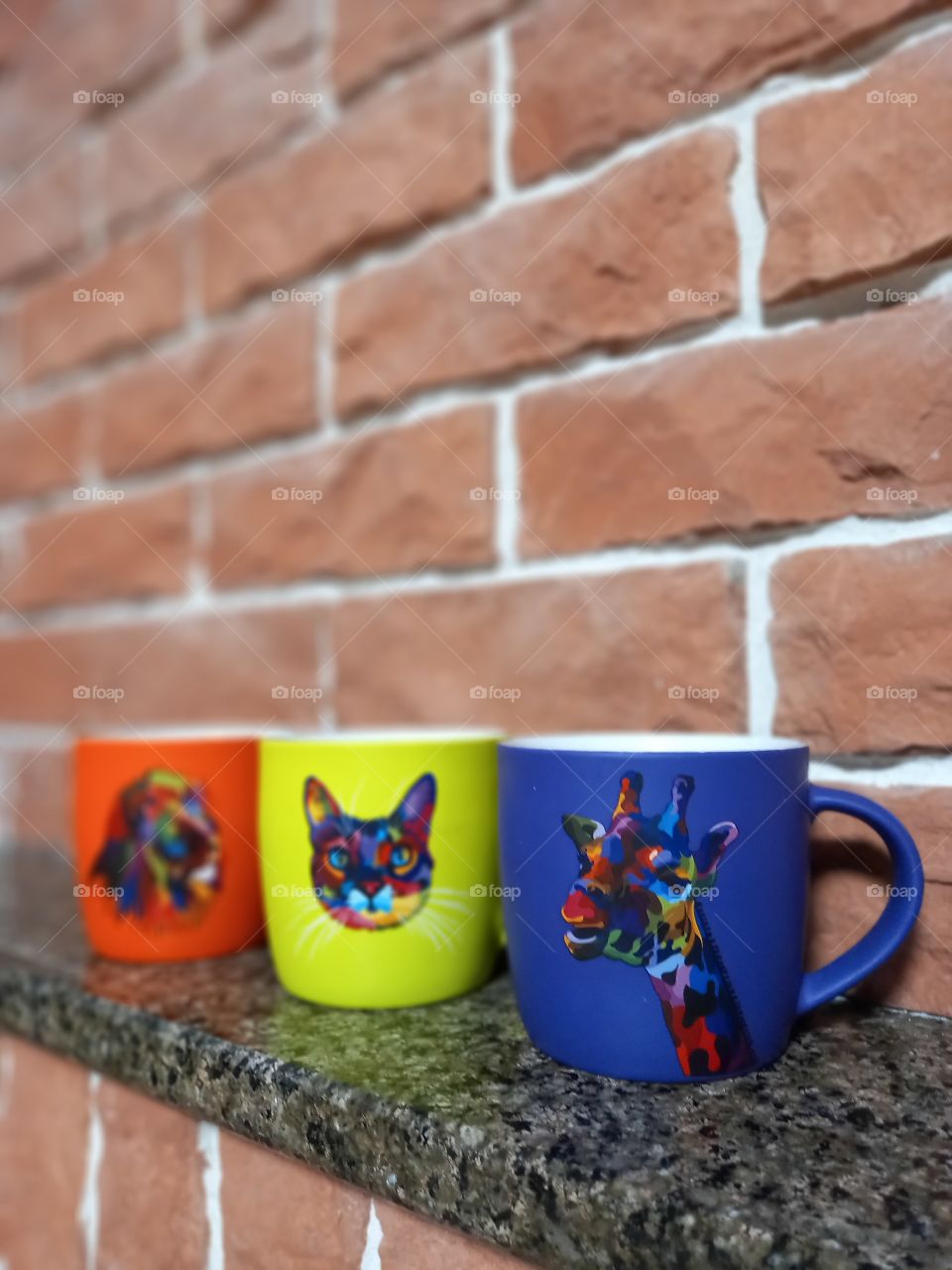 three colour cups with animals