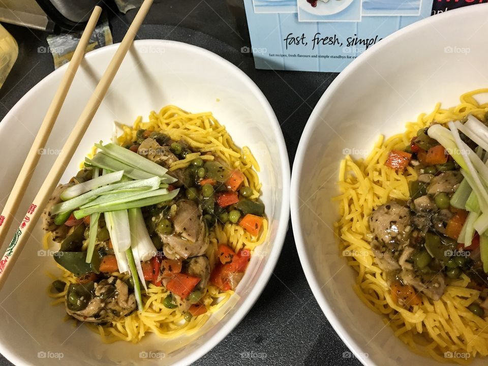 Pad Thai beef and vegetables over noodles 