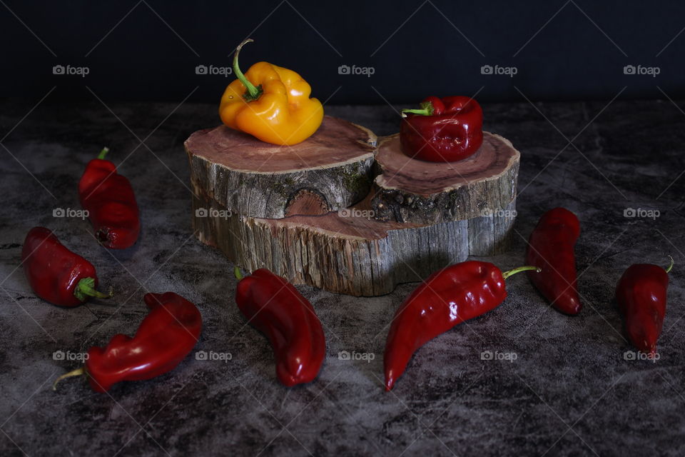 Beautiful Large Red Hot Peppers with a Yellow Bell Pepper