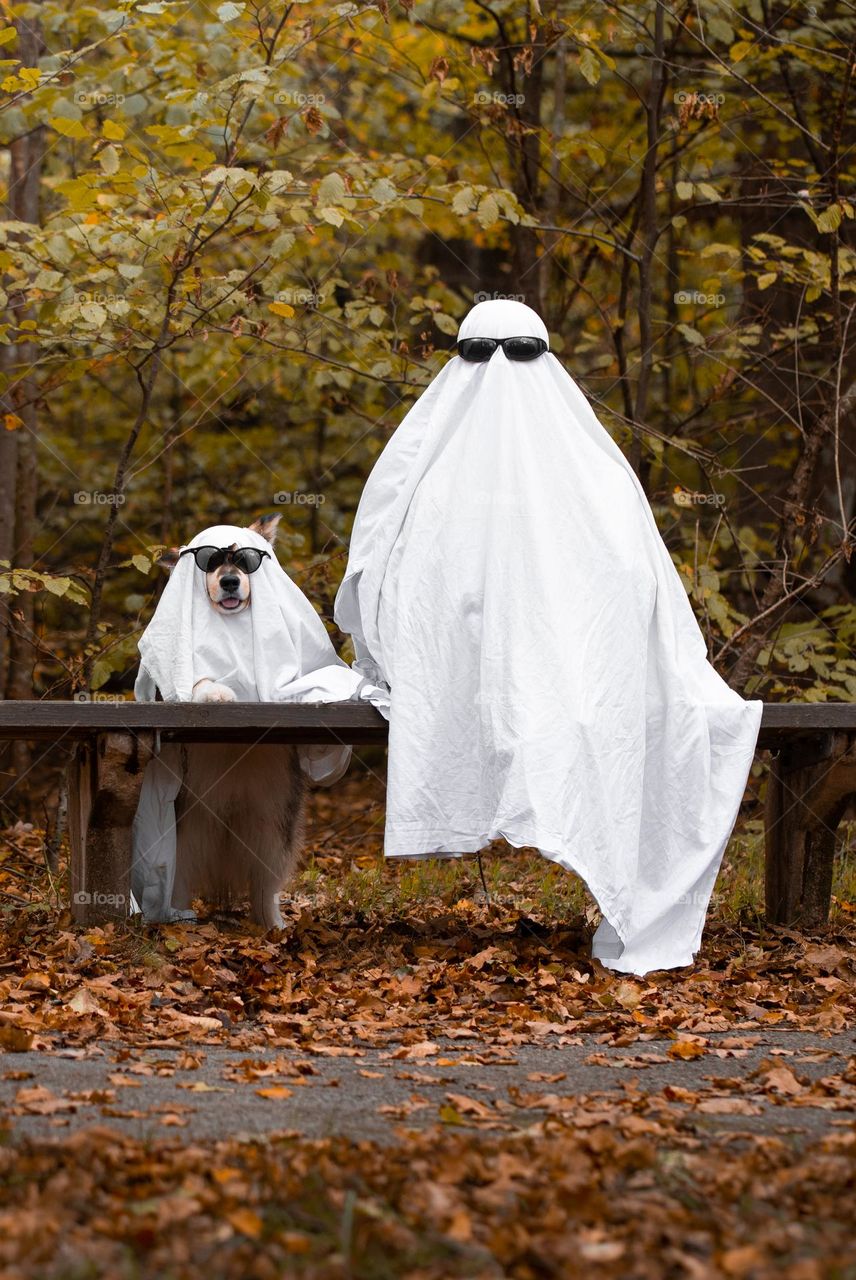 A dog and woman dressed up as ghosts