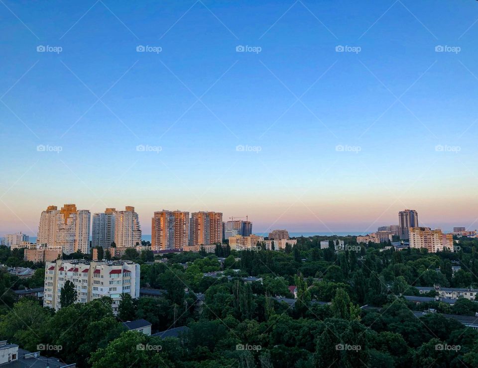 Beautiful view on modern houses, sea and sunset in Odesa Ukraine 