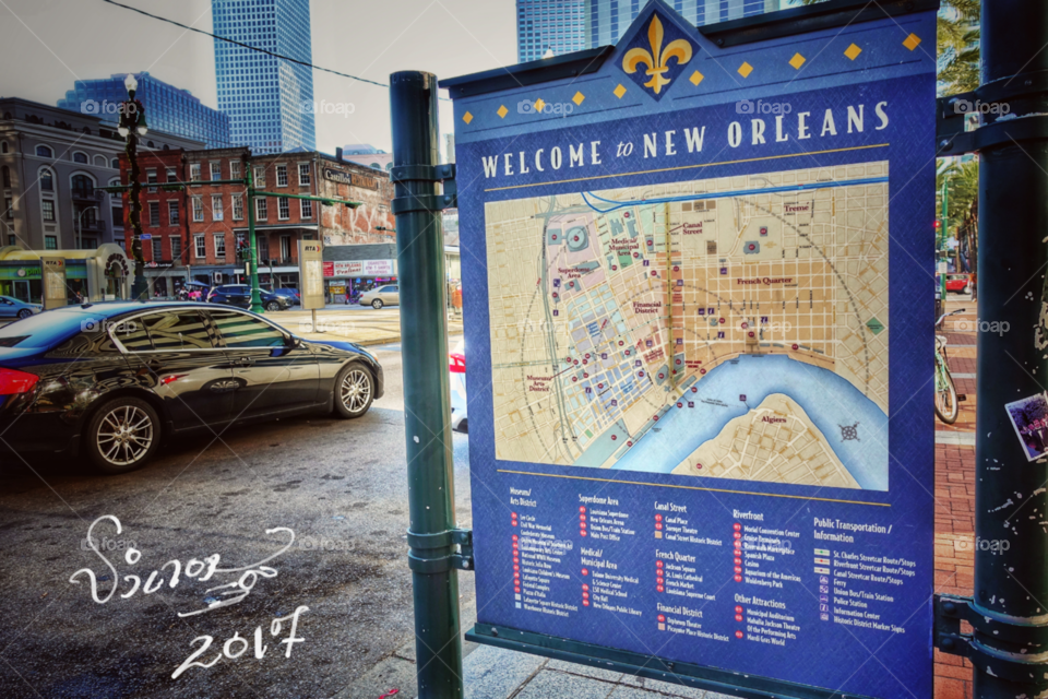 Directory board for visitors near the French Quarter, New Orleans, Louisiana, USA.