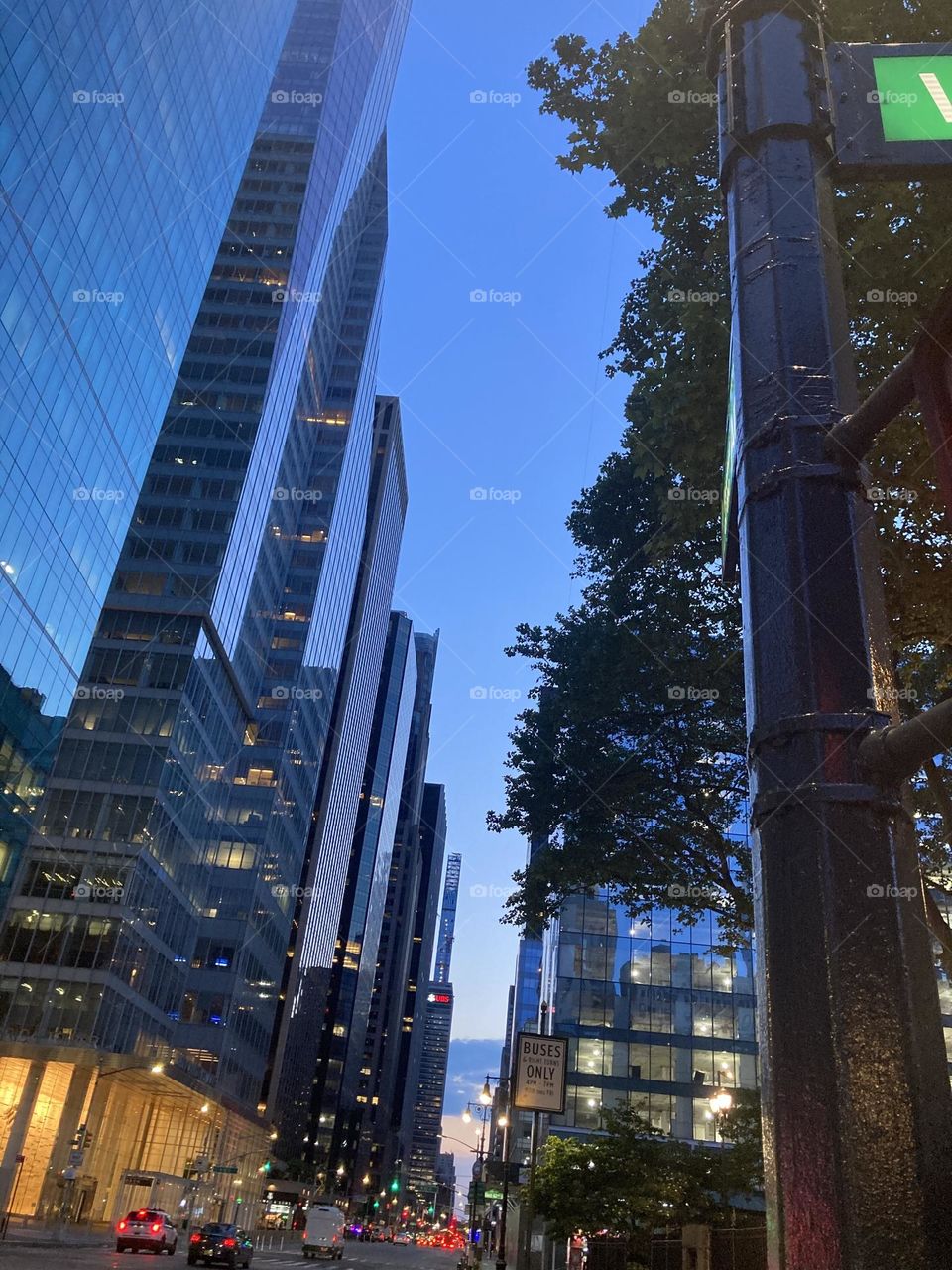 Sunrise through skyscrapers at 42nd and Bryant Park in NYC 