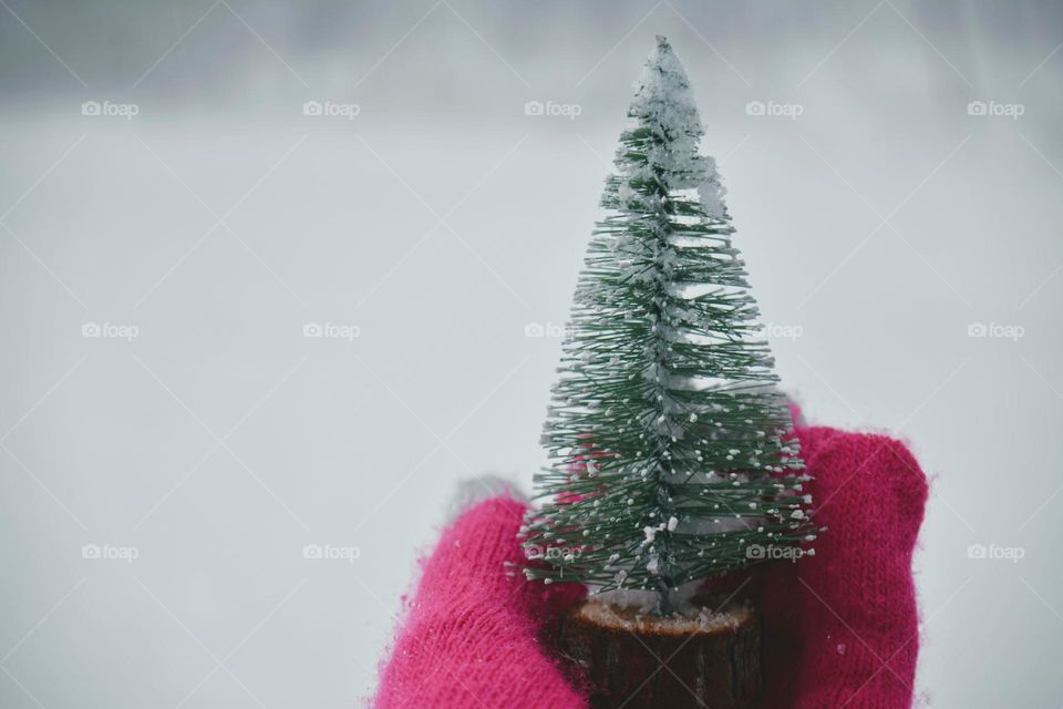 happy New year Christmas tree in the hand magic magenta colour