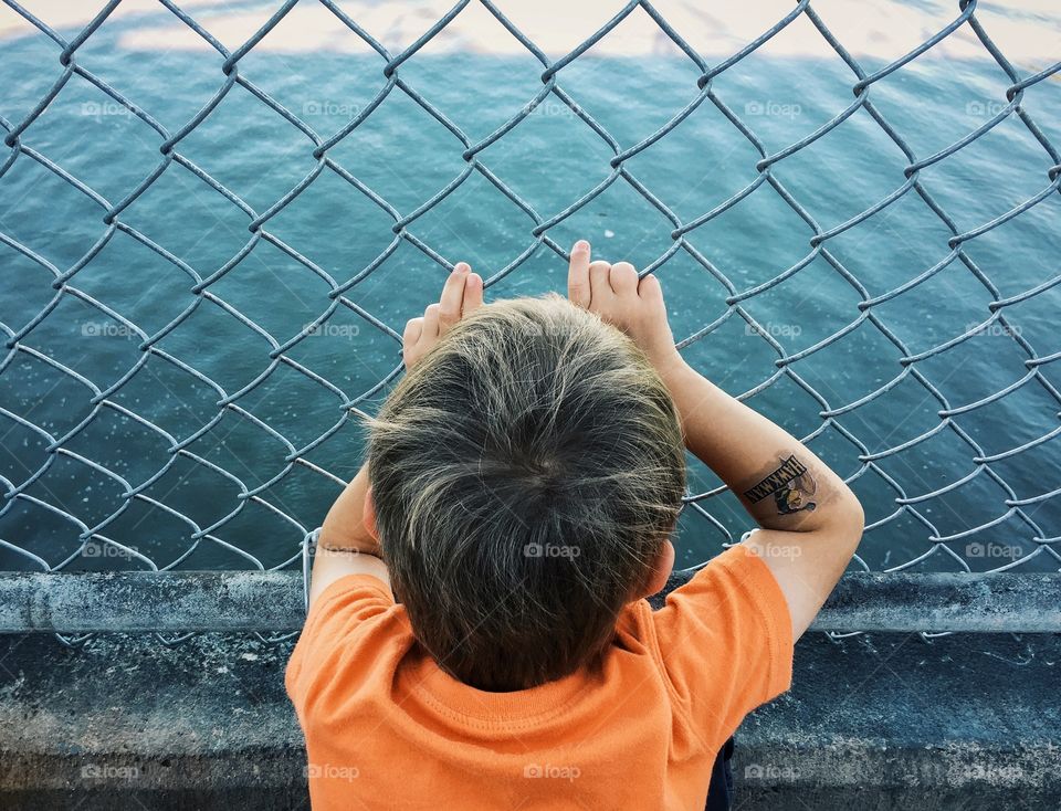 Child looking through fence