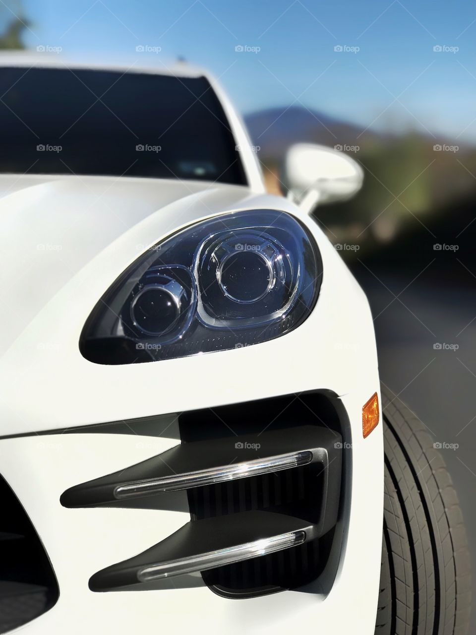 Sharp details of an automobile headlamp stand out in contrast to the sunlit white body
