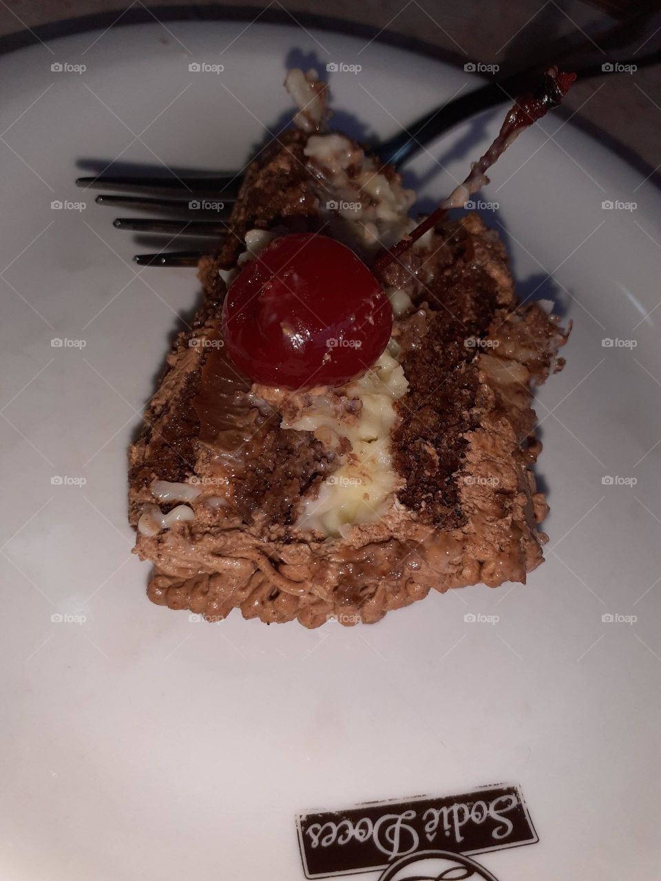 chocolate cake filled with coconut and cherry