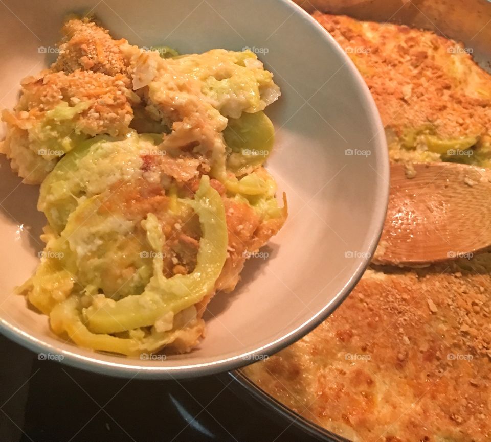 Squash casserole in a bowl 