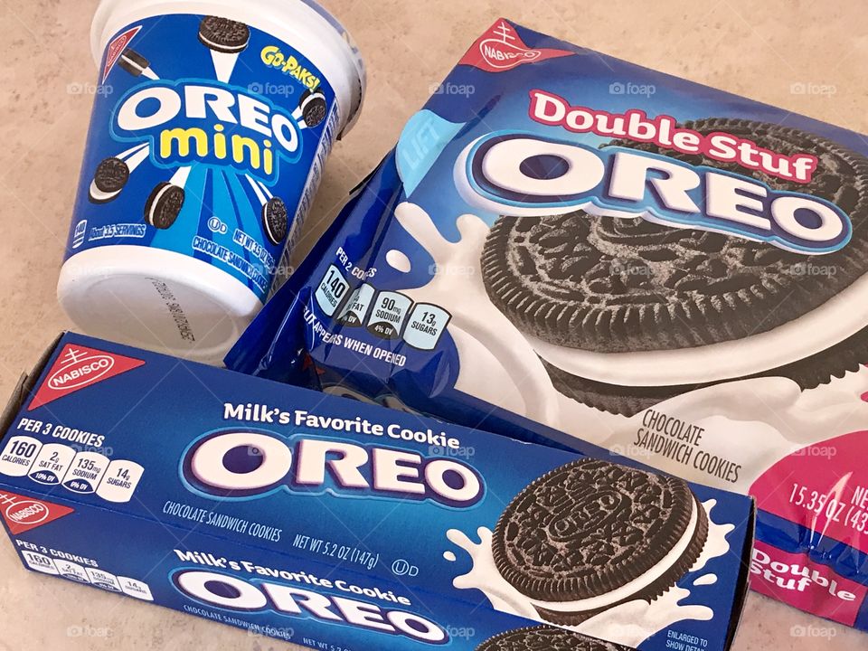 Mini and Double stuf Oreo cookies flat lay on a countertop