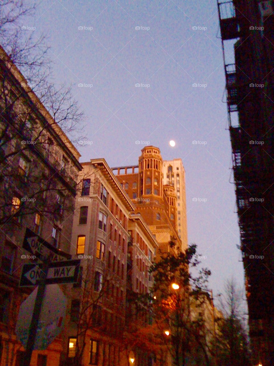 Moon over Brooklyn Heights. Moonrise in the early evening over Brooklyn Heights