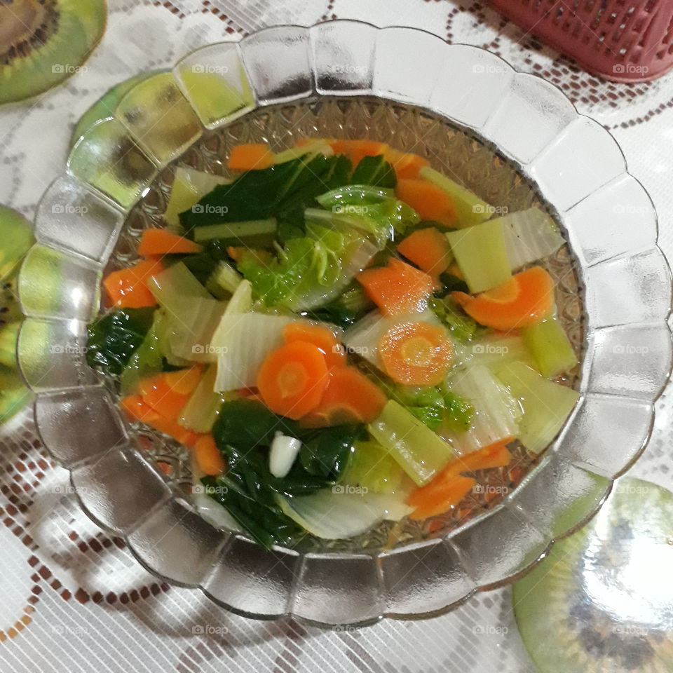 Carrot, chinese cabbage and mustard greens gather in vegetable stew