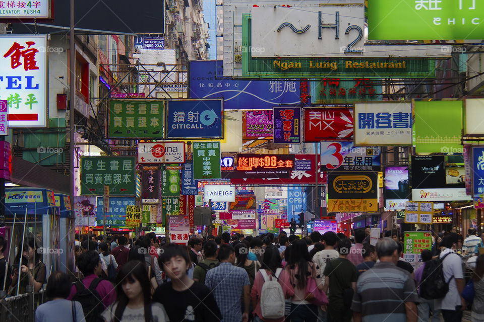 Hong Kong street signs. The mass of advertising signs on one of many Hong Kong shopping streets