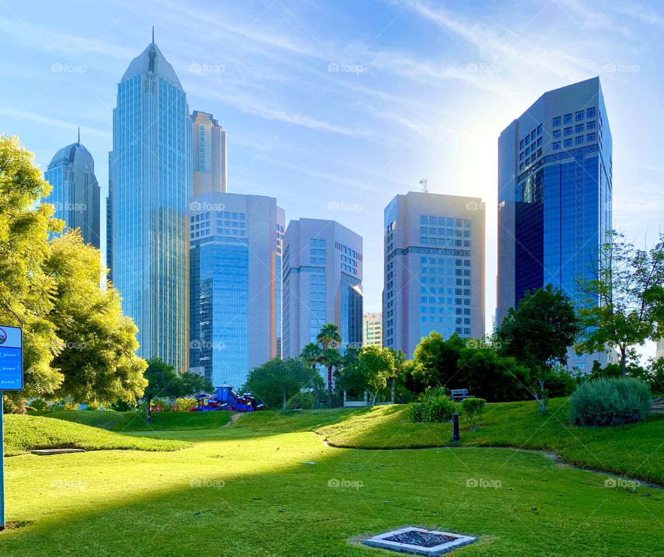 Shadow photography, modern city buildings and it’s shadows, beautiful urban architecture building and it’s shadow reflects in green grass filled parks