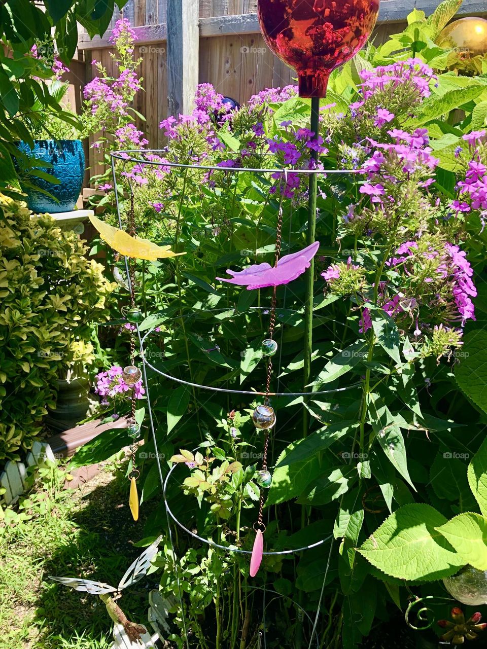 Butterfly garden chimes & blooming flower garden 