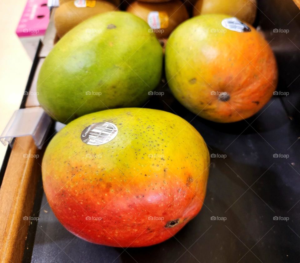 red yellow green ripe mango fruit for sale in an Oregon market