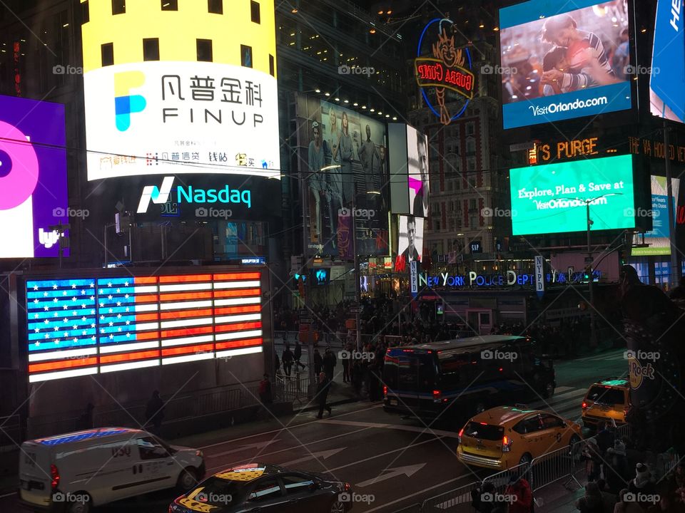 NYPD and the USA flag in Times Square, NYC