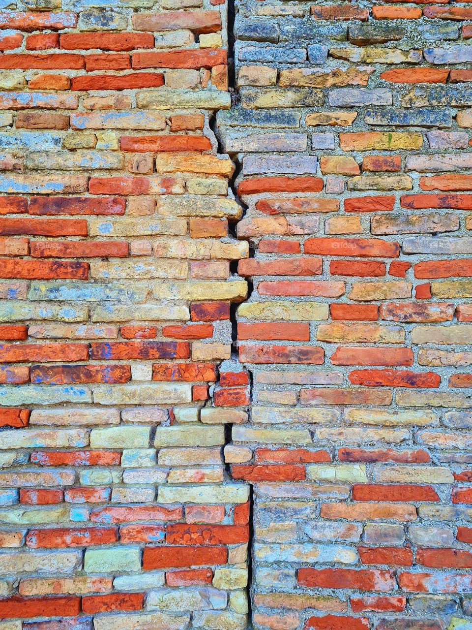 ancient brick wall fractured by the earthquake