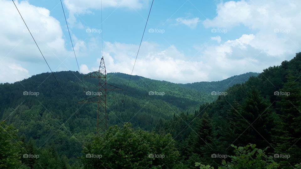 A view of the woods and the power lines stretching across forests and hills