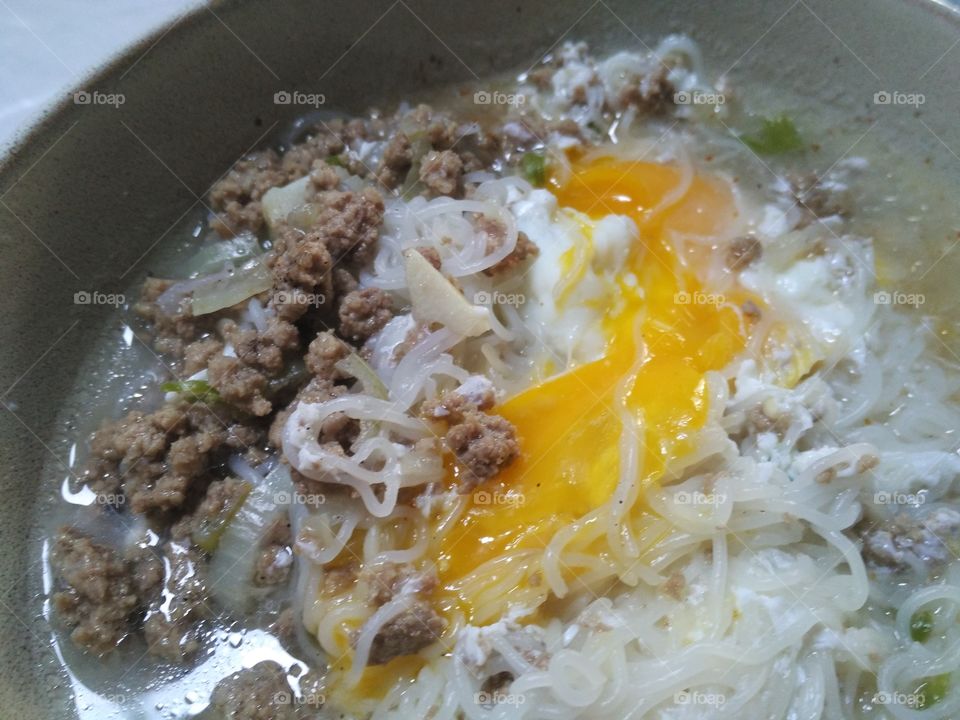 Vermicelli Soup. Just had a breakfast with this vermicelli soup with mincemeat and half boiled egg.