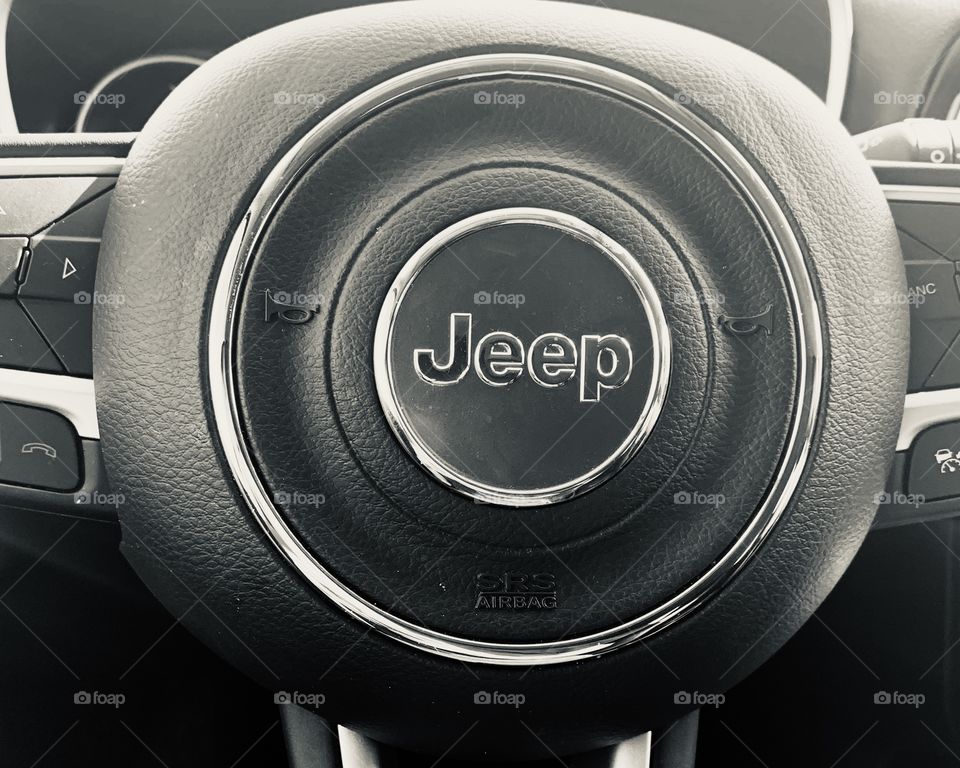 Traveling in the Jeep on a long road trip -steering wheel of the Jeep 