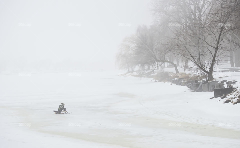 Person on sleigh crossing frozen lake on foggy winter day with advection fog along trees lined curvy path outdoor winter activity conceptual background