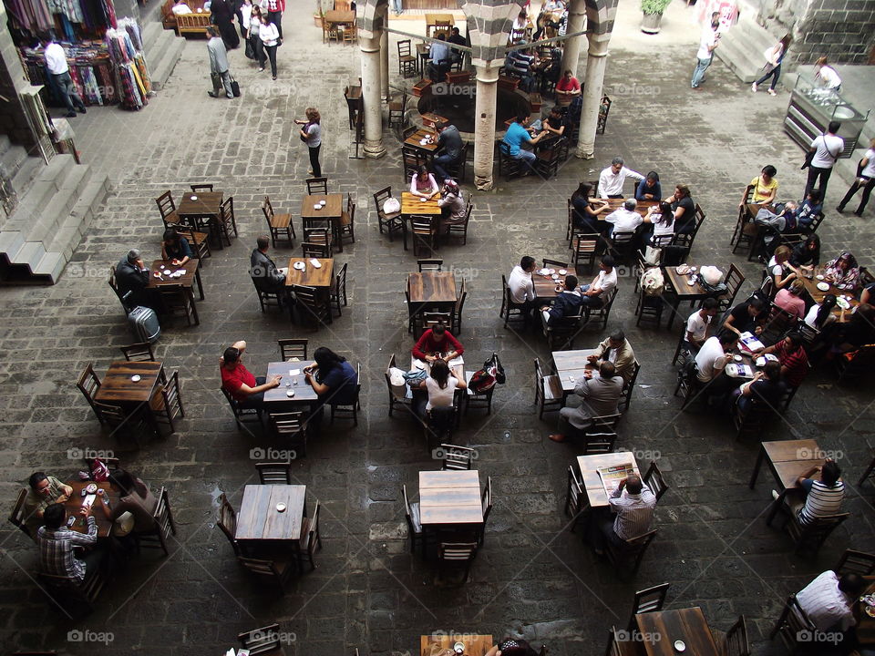 High angle view of people at an outdoor restaurant