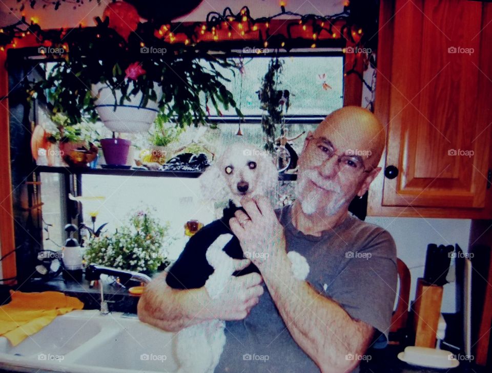 Man holding his poodle, garden window in background, hanging  Christmas cactus in bloom.