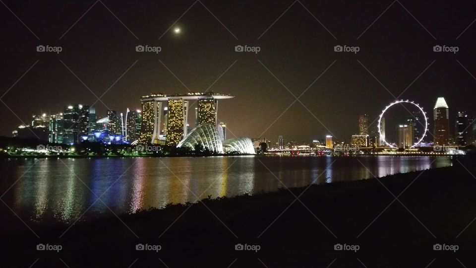 Spectacular night view of Singapore city. Gardens by the Bay, Marina Bay Sands, Singapore Flyer.
