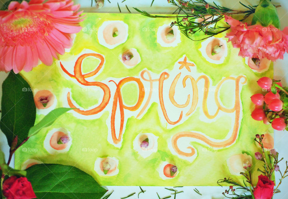 Spring, sign, lettering, flowers, flat lay