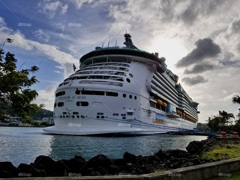 Freedom of the Seas sitting in the beautiful Port of Saint Lucia