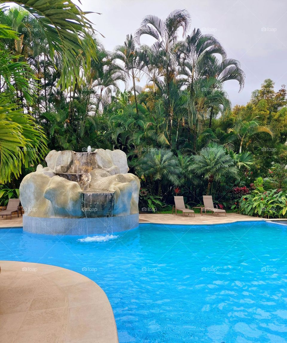 A place to rest.  A pool with an unusual fountain surrounded by palm trees and tropical flowers