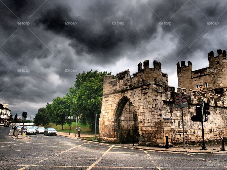 An entrance to the York Wall in England on a stormy summer day 