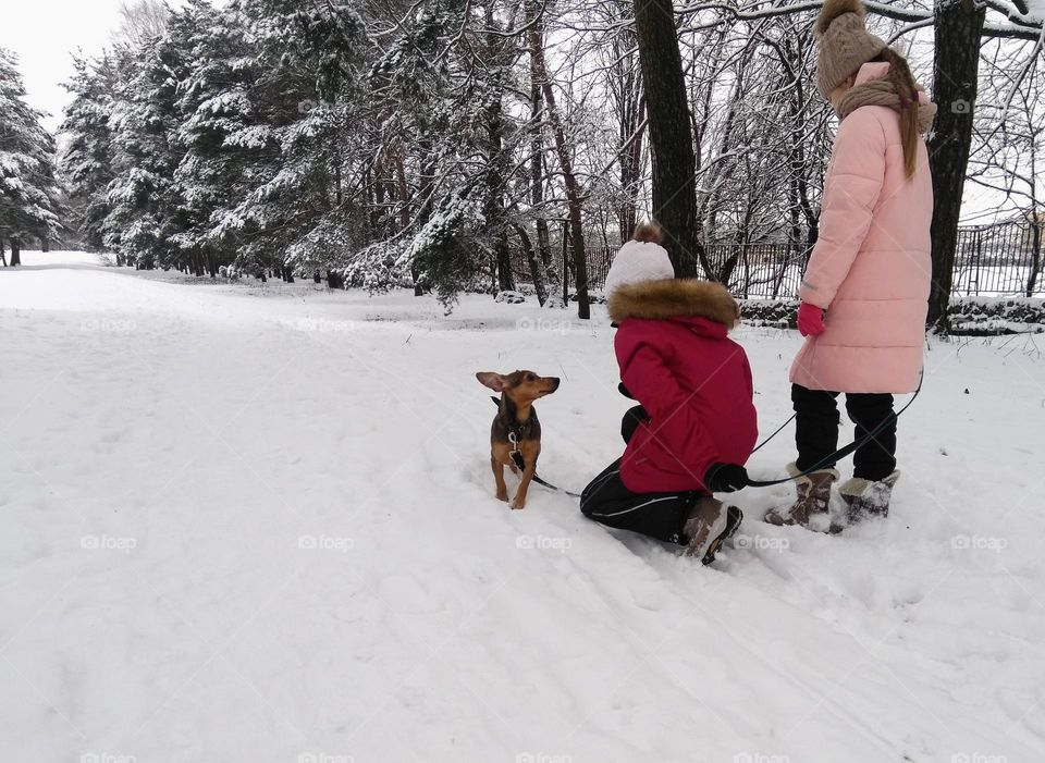 girls children walking with dog winter time