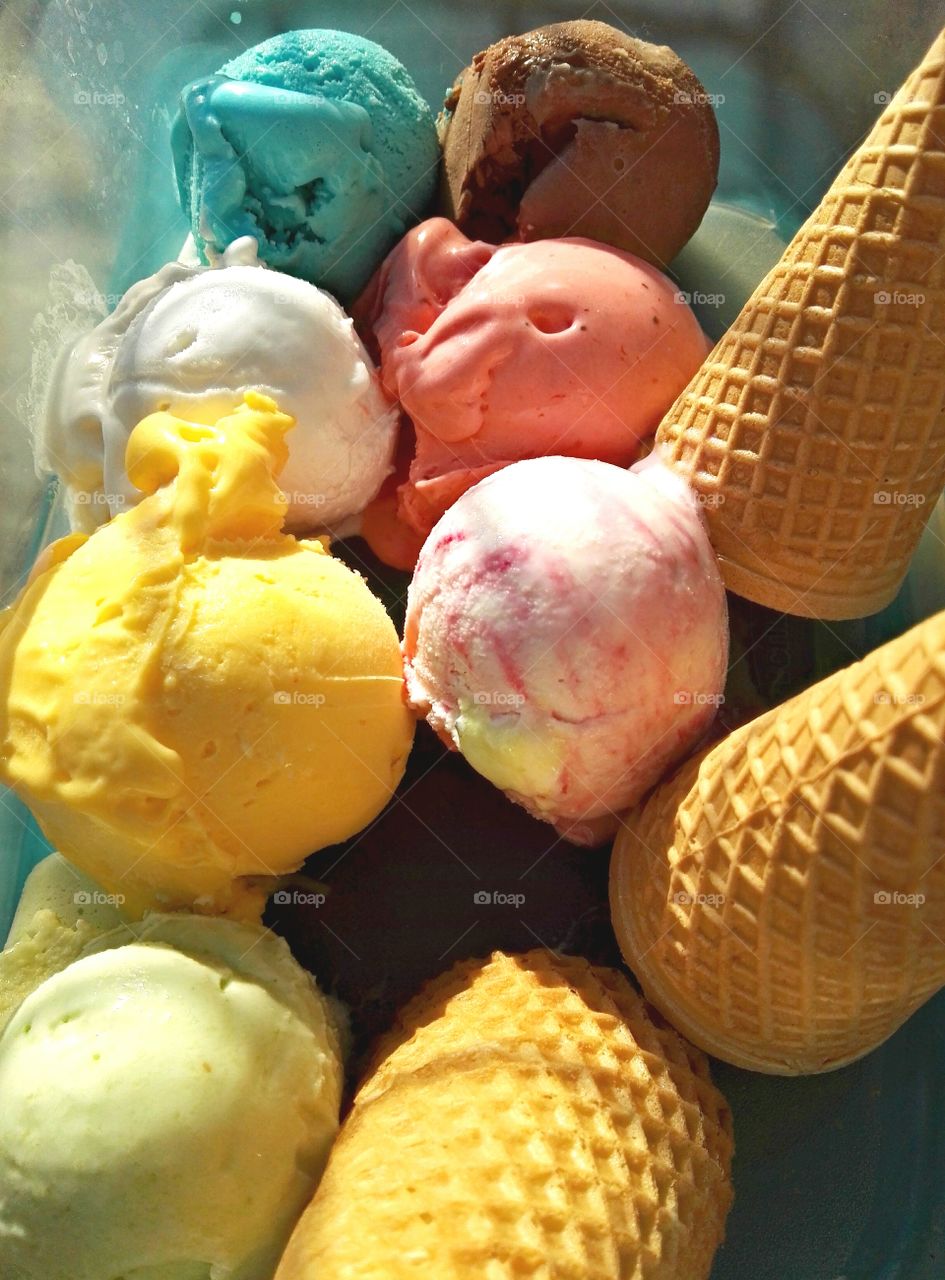 Colorful balls of ice cream and wafers