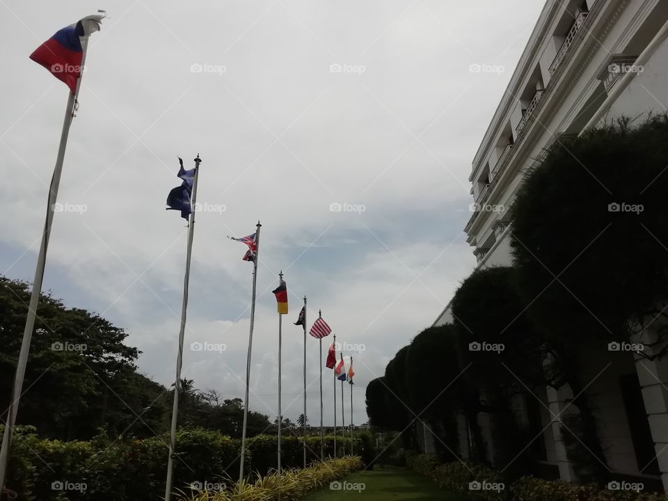 Front of the hotel # flags are waving