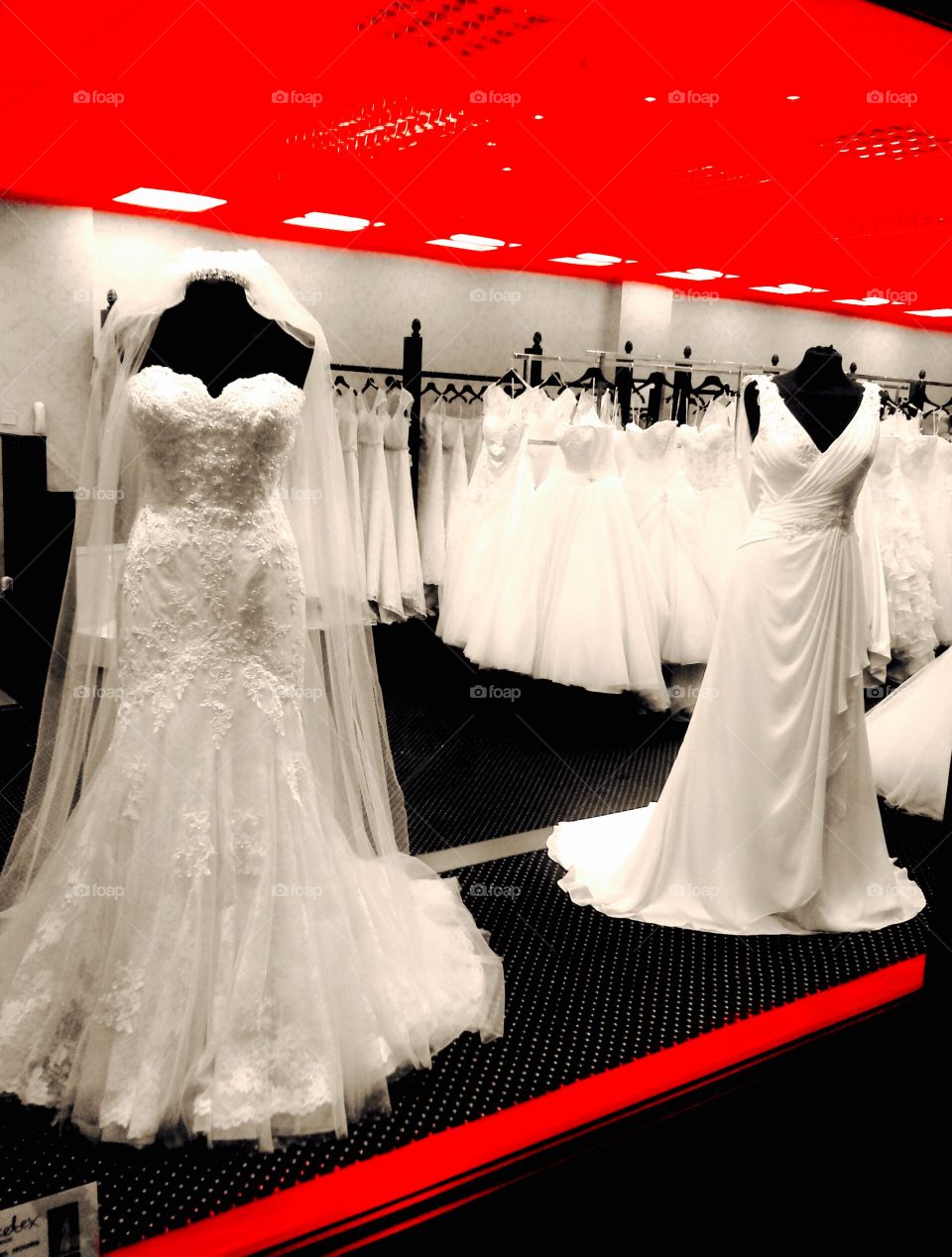 Bridal fashion display . Display of bridal dresses.