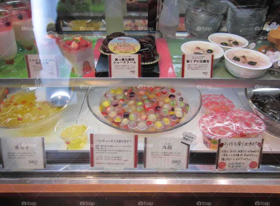 Jiyugaoka, Tokyo, Japan. Colorful sweets Display, Spring menu