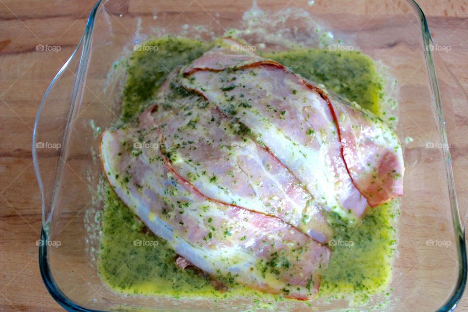 Meat, Bacon, Ham, Food, Preparation, Cooking, Oven, Green Sauce  